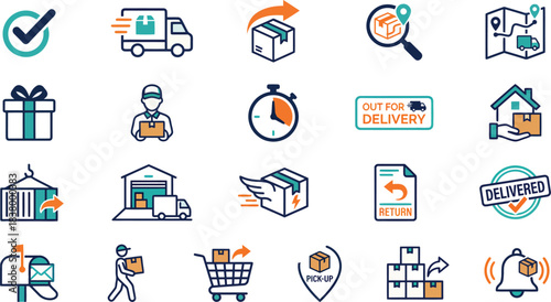 Set of Delivery and Shipping Icons - Tracking, Package, and Shipping Process Symbols