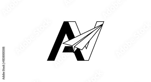 Paper airplane flying through a stylized letter A in black and white.