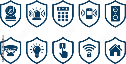 Set of Security and Safety Icons - Home Alarm Systems, Surveillance, and Smart Devices