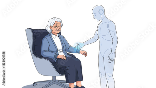 Humanoid Robot Caregiver Performing Health Check on Elderly Woman - AI Assisted Senior Healthcare and Assistance