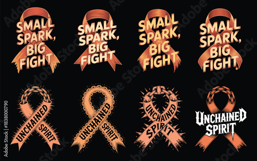 Orange ribbon logos with text for fighting and spirit on black background Keywords: orange