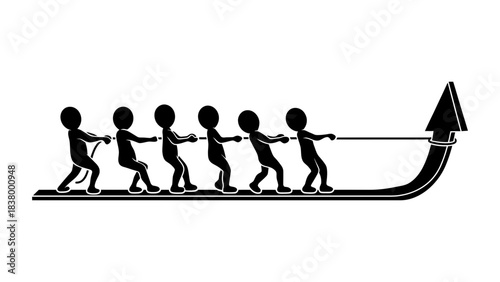 Stick figures pulling rope on arrow showing teamwork and achievement