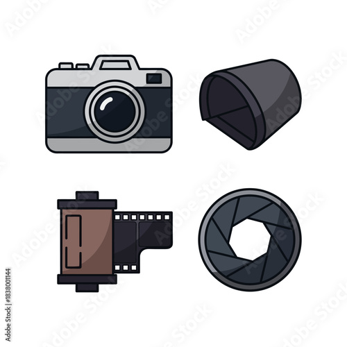 Photography equipment set with camera, lens hood, film roll, and aperture.