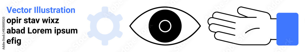 Obraz premium Vision, technology integration, monitoring systems, guidance, innovation, and connectivity. Gear, eye and open hand in abstract arrangement. Vision and technology integration