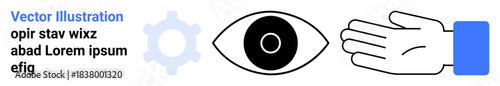 Vision, technology integration, monitoring systems, guidance, innovation, and connectivity. Gear, eye and open hand in abstract arrangement. Vision and technology integration