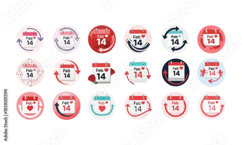 Valentine's Day Calendar Icon Set Featuring February 14 for Romantic Design and Digital Promotion
