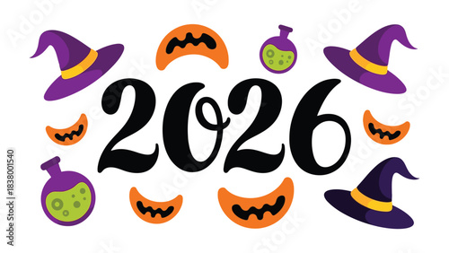 Halloween 2026: Spooky and festive, with witch hats, potion bottles, and jack-o'-lanterns, perfect for a celebratory banner!