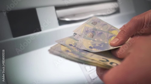 A businessman counts euros after withdrawing cash from an ATM. Banking services, cash withdrawals