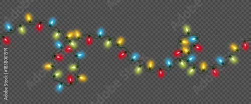 Christmas and New Year garland. Glowing vector light bulbs isolated on transparent background for holiday decoration banner, poster, greeting card.