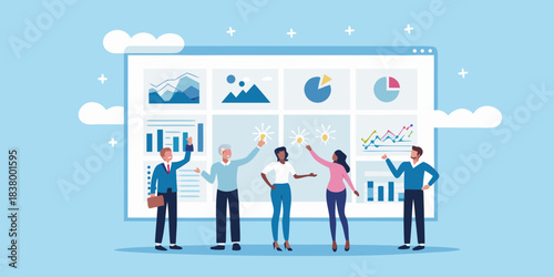 Team collaboration analyzing data and insights on a large digital display
