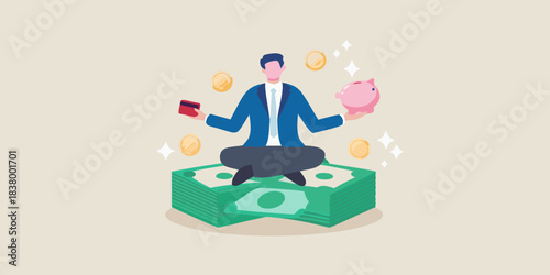 Man meditating on money with a piggy bank and flying coins
