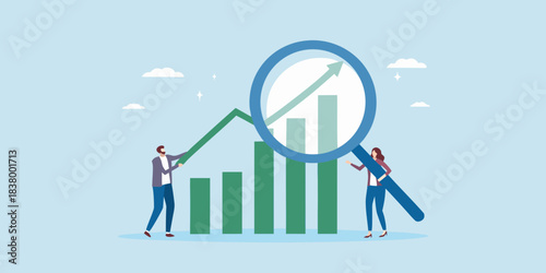 Analyzing growth trends people examining a rising graph with a magnifying glass