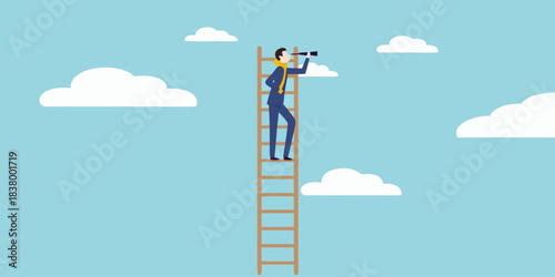 A businessman climbs a ladder looking through binoculars at the clouds