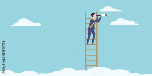 A businessman climbs a ladder looking through a telescope at the clouds