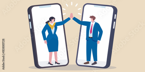 Virtual high five two professionals connecting through smartphone screens