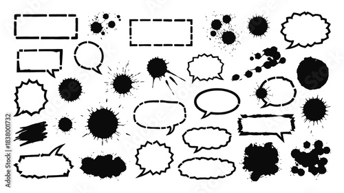 Black Dried Paint Splattered Stencils With Artistic Ink Brush Strokes