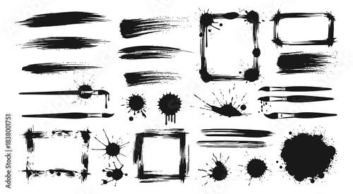 Ink Brushstroke And Paintbrush Template With Grunge Splatter