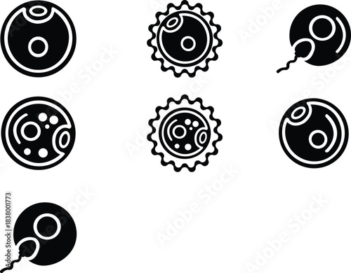 Ovum egg flat icons set. Reproductive health, menstrual biology. Female fertility. Human dna, microbiology. Contour symbol isolated on transparent background.