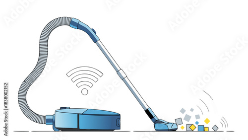 A Blue Vacuum Cleaner Symbolically Cleaning Scattered Square Pixels on a Black Background Representing Digital Dust and Debris