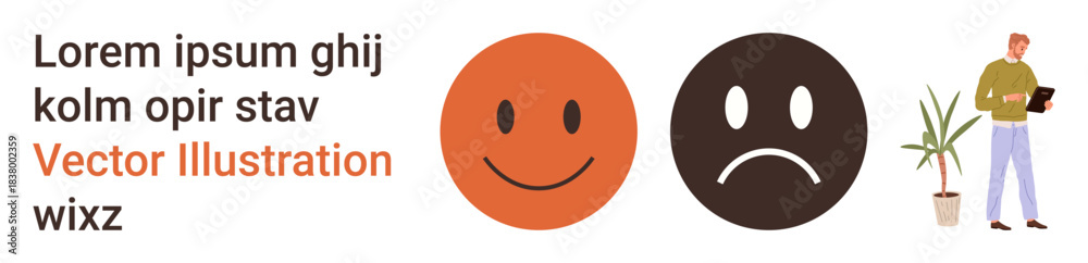 Fototapeta premium Emotions, feedback, mental health, mood, decision-making, personal growth. Round happy and sad face icons, abstract text a man holding a tablet and a plant. Emotions and feedback concept