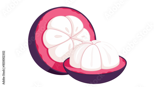 A Detailed Illustration of a Mangosteen Fruit Cut in Half Showing Its White Segments and Purple Rind Isolated on a Black Background With Clear Segmentation and Vibrant Colors