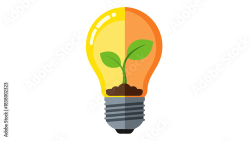 A glowing light bulb contains a vibrant green seedling growing from soil symbolizing renewable energy and eco friendly innovation with warm yellow and orange gradients against a black background