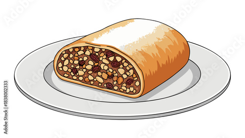 A golden brown baked pastry roll filled with nuts and dried fruits dusted with white powdered sugar served on a white circular plate on a black background
