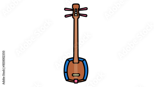 A hand drawn illustration of a shamisen a three stringed traditional Japanese instrument with a brown body pink tuning pegs and blue accents on a black background