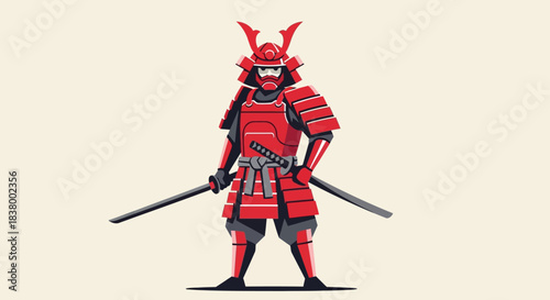 Red Samurai Warrior with Katana Swords Standing Tall.