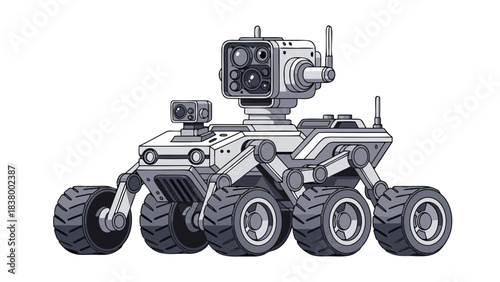 A grayscale retro pixel art illustration of a futuristic six-wheeled exploration rover with a camera sensor and antenna on a black background