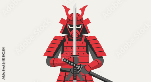 Red Samurai Warrior with Katana Sword in Traditional Armor.