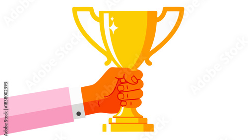 A hand in a pink suit and white shirt holds a golden trophy with sparkling highlights on a black background representing victory and achievement