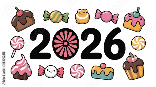 Sweet 2026: A delightful array of candies and desserts forms the number 2026, creating a visually appealing and playful design.