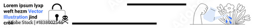 Data protection, hacking risks, environmental growth, digital security, sustainable practices, cyber threats. Lock symbol with skull and watering hand on flowers. Cyber threats and environmental
