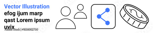 Social media, user profiles, online sharing, digital currency, networking, fintech. Two user icons, share symbol coin. Social media and digital currency for modern communication