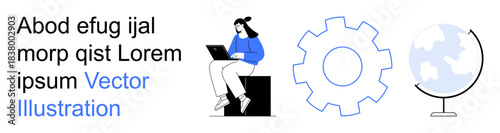 Technology, remote work, global connection, productivity tools, digital systems, education. Woman using a laptop, gear and globe icons. Remote work and technology-related visual