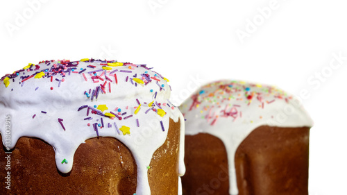 Sweet Easter Kulich Bread with Thick White Glaze and Rainbow Candy Sprinkles
