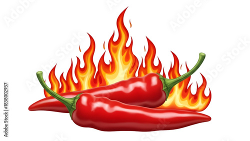 Fiery red chili peppers with flames illustration isolated on transparent background