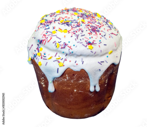 Traditional Easter Sweet Kulich Bread with Glaze and Candy Decor Isolated