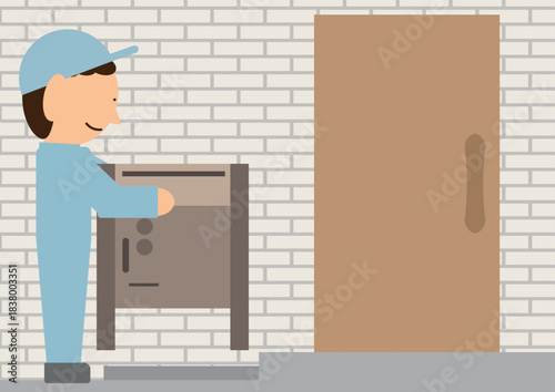 宅配ボックスを戸建ての住宅の玄関に設置する作業をしている作業員のイメージ素材