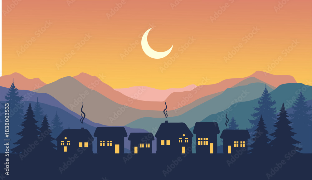Fototapeta premium Flat vector Mountain landscape. Panorama of a Christmas village and silhouettes of deer and pine trees. Christmas themed vector background.