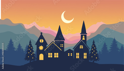 Flat vector Mountain landscape. Panorama of a Christmas village and silhouettes of deer and pine trees. Christmas themed vector background.