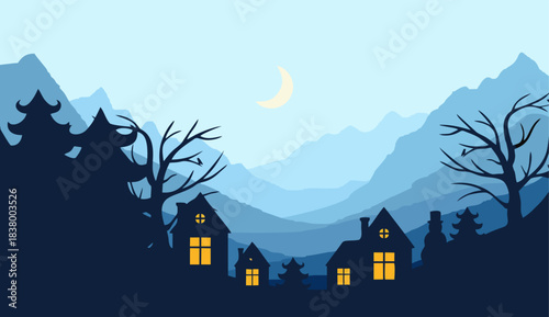Flat vector Mountain landscape. Panorama of a Christmas village and silhouettes of deer and pine trees. Christmas themed vector background.