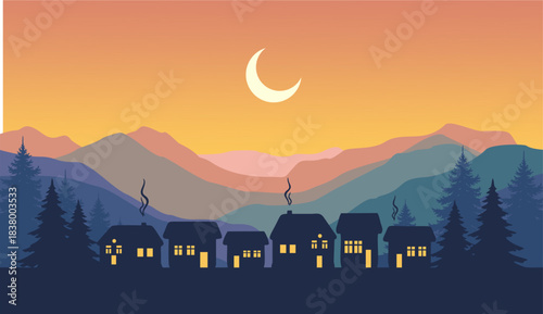 Flat vector Mountain landscape. Panorama of a Christmas village and silhouettes of deer and pine trees. Christmas themed vector background.