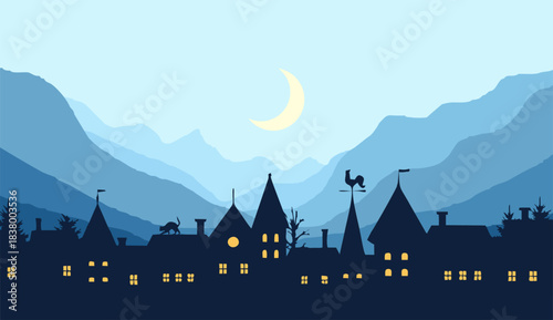 Flat vector Mountain landscape. Panorama of a Christmas village and silhouettes of deer and pine trees. Christmas themed vector background.
