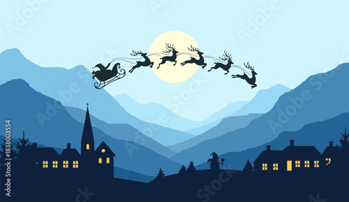 Flat vector Mountain landscape. Mountain panorama and Christmas train, pine trees, and mountain silhouettes. Christmas theme vector background.