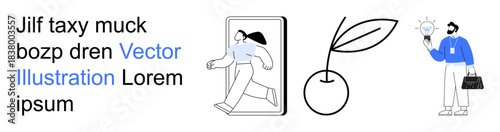 Innovation, business ideas, creativity, digital technology, professional growth, entrepreneurship. A person stepping out of a digital frame, a leaf and fruit symbol, and a man with a lightbulb