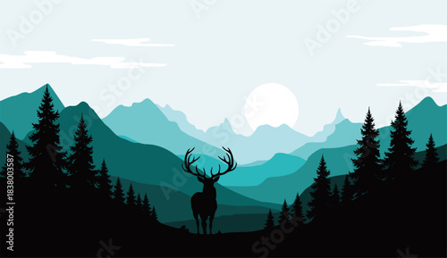 Flat vector Mountain landscape. Mountain panorama and silhouette of deer, pine trees. Christmas themed vector background.