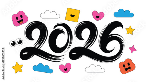 2026 Typography Design: This vibrant and playful illustration features the bold year 2026 in an artistic, handwritten style, complemented by a collection of cheerful, whimsical graphics.