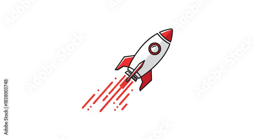 Rocket Launching into Space with Red Flames.